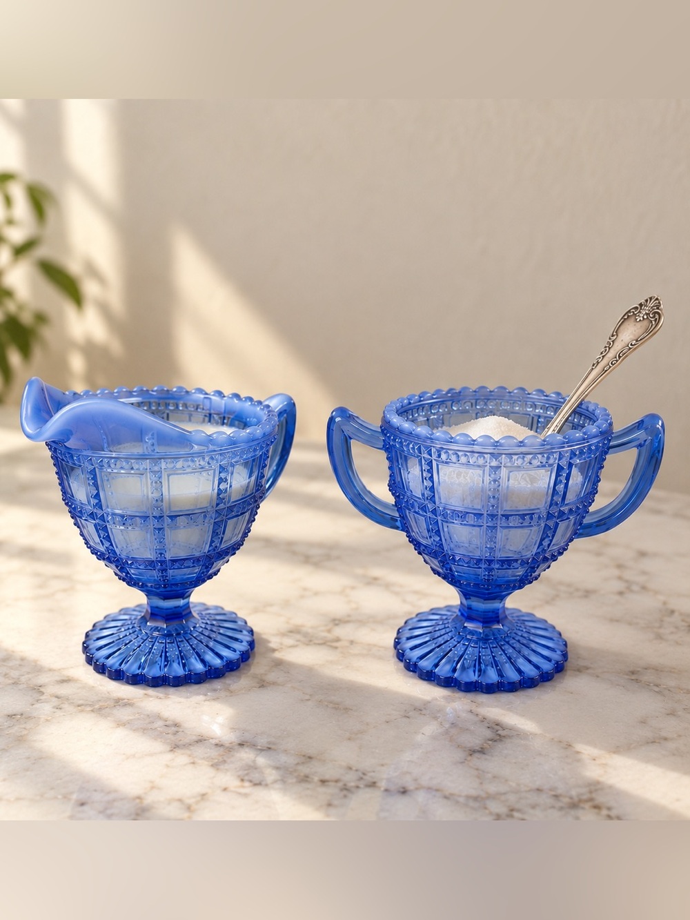 Vintage Deco Imperial Glass Beaded Block Blue Opalescent Cream & Sugar Set c1930